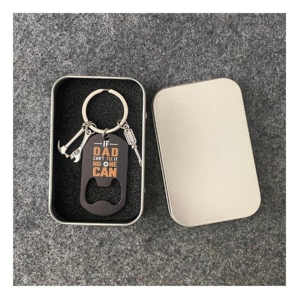 Dad Keychain Bottle Open Stainless Steel with Tin If Dad Can't Fix It No One Can - Picture 1 of 4